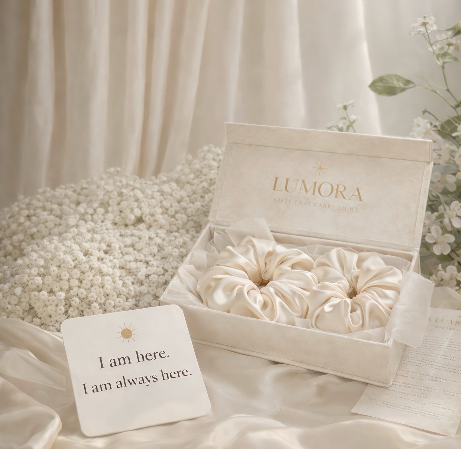 scrunchies in a box with 'LUMORA' branding on a soft fabric background.